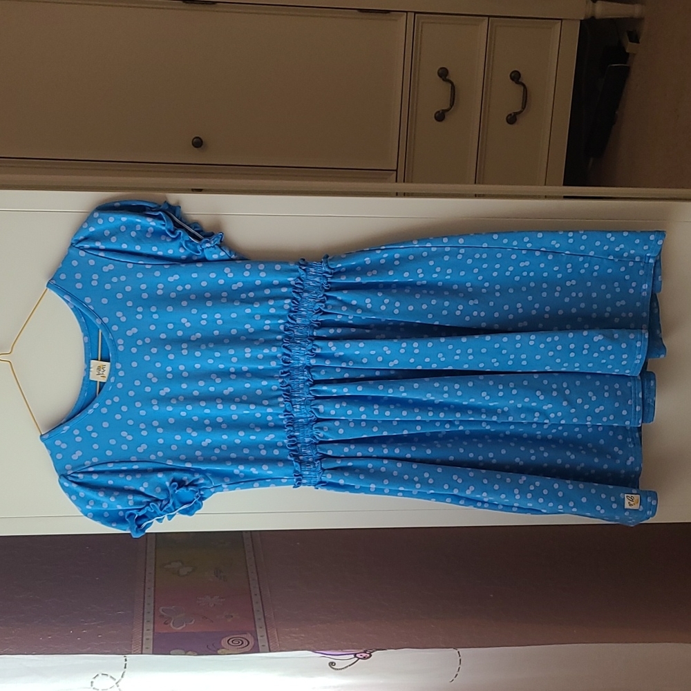 Wild flowers blue polka dot, elastic waist size 14Y dress